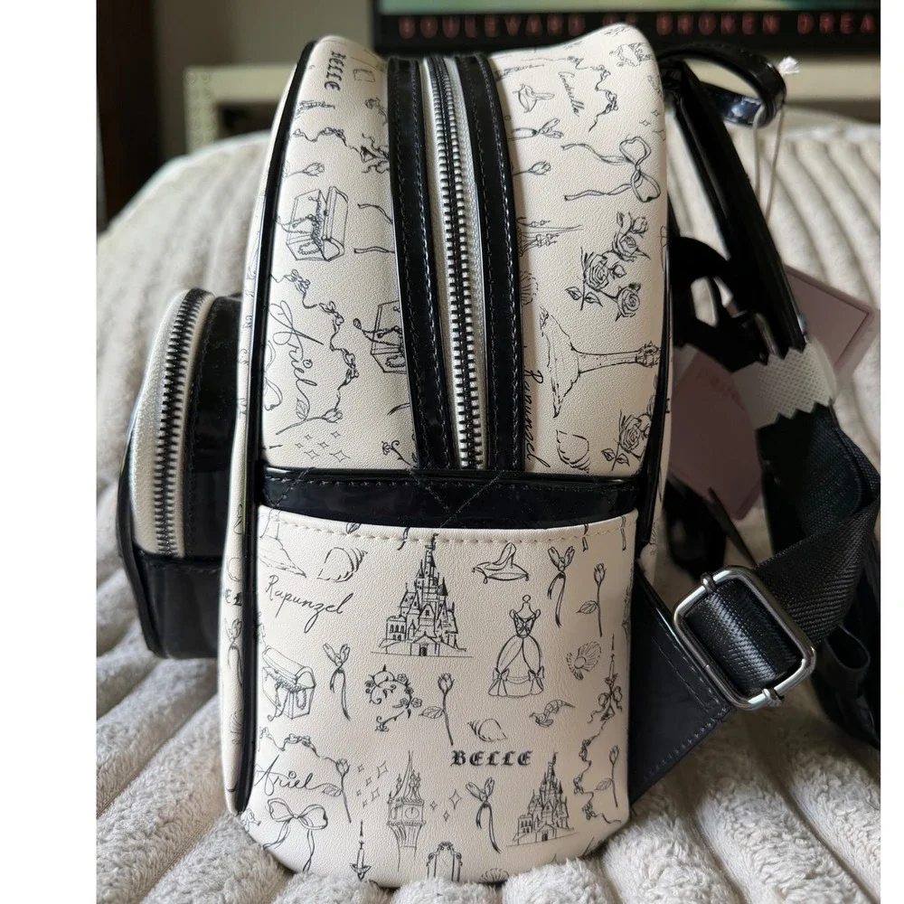 Disney Loungefly Princess Sketchy Mini Backpack Black White Patent Heart NWT
